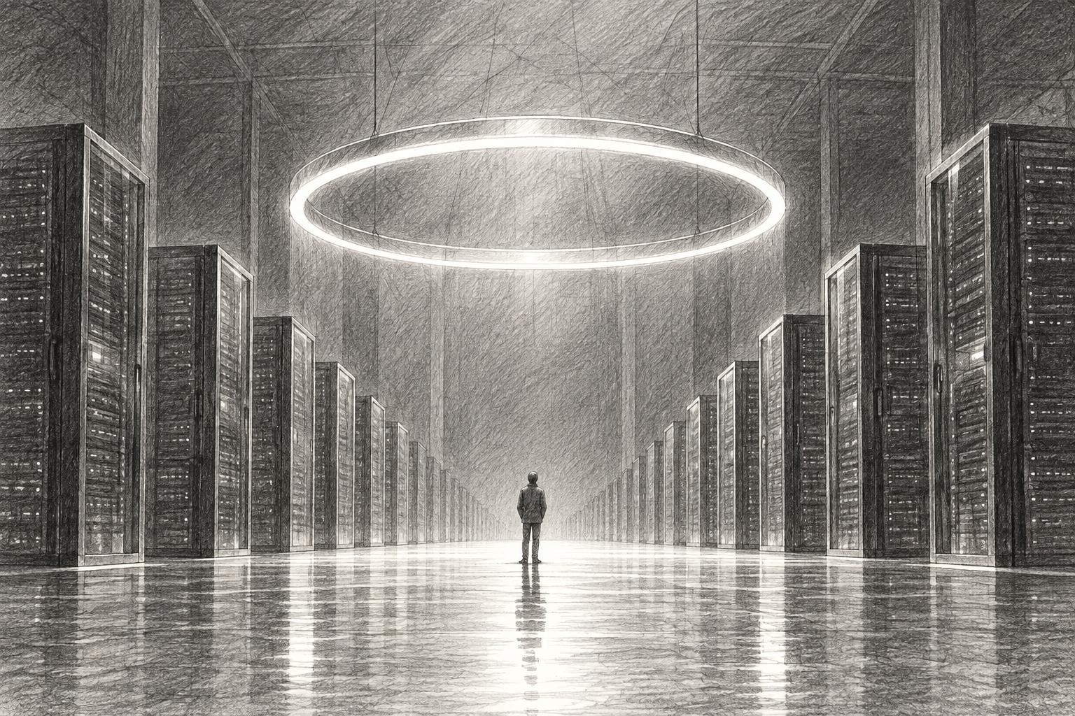 A vast, dim data center hall seen from floor level, rows of server racks receding into darkness. In the center aisle, a single small human figure stands looking up at a large glowing blue ring of light suspended in the air above the racks, as if a new presence has just switched on. Cool blue light f