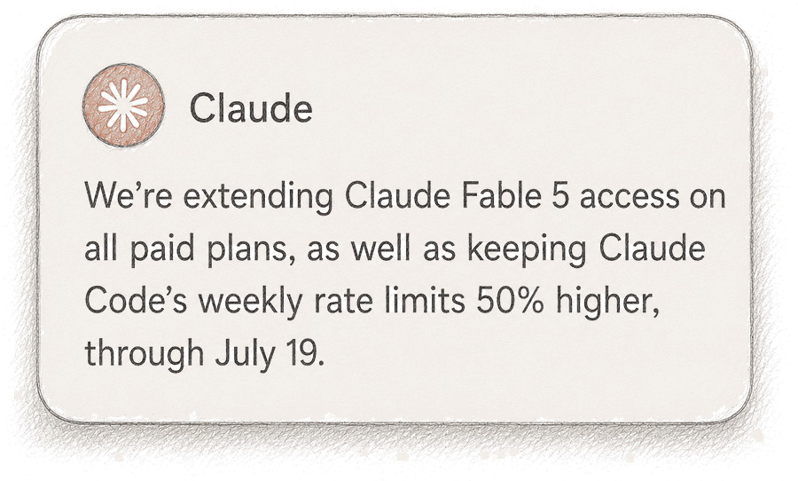 Claude post: We’re extending Claude Fable 5 access on all paid plans, as well as keeping Claude Code’s weekly rate limits 50% higher, through July 19.