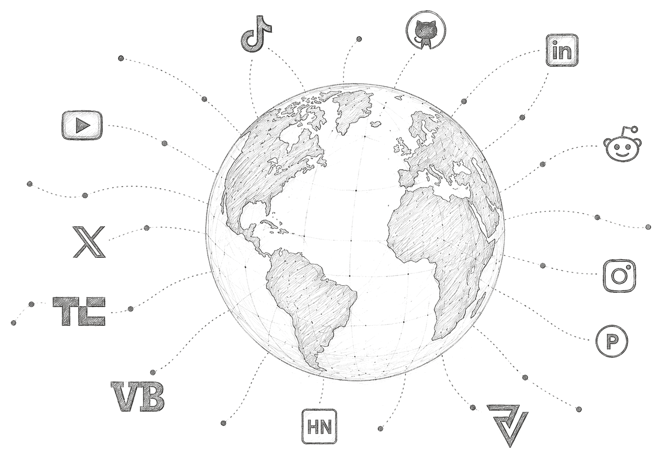 A sketched globe connected to news and social sources around the world.